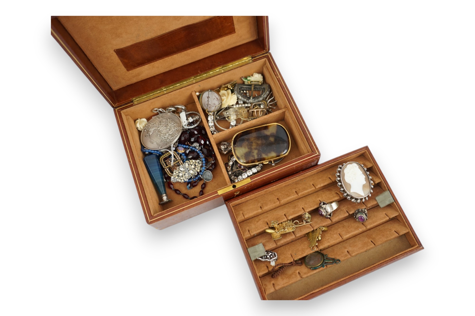 A quantity of 19th century and later jewellery and other collectables, including paste set buckles, agate mounted seal, tortoiseshell purse, Victorian figural seal, coins, 9ct ring, loose stones, cameo shell brooches, et